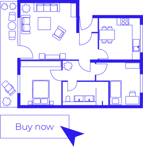 Illustration eines Wohnungsgrundrisses mit Hinweis zur Bestellung auf der Online-Service-Plattform grundriss.com.