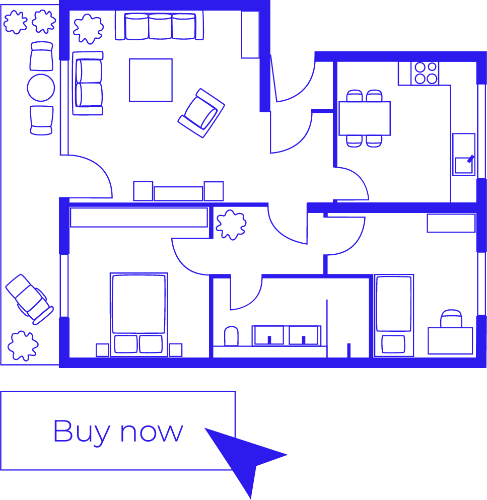 Illustration eines Wohnungsgrundrisses mit Hinweis zur Bestellung auf der Online-Service-Plattform grundriss.com.