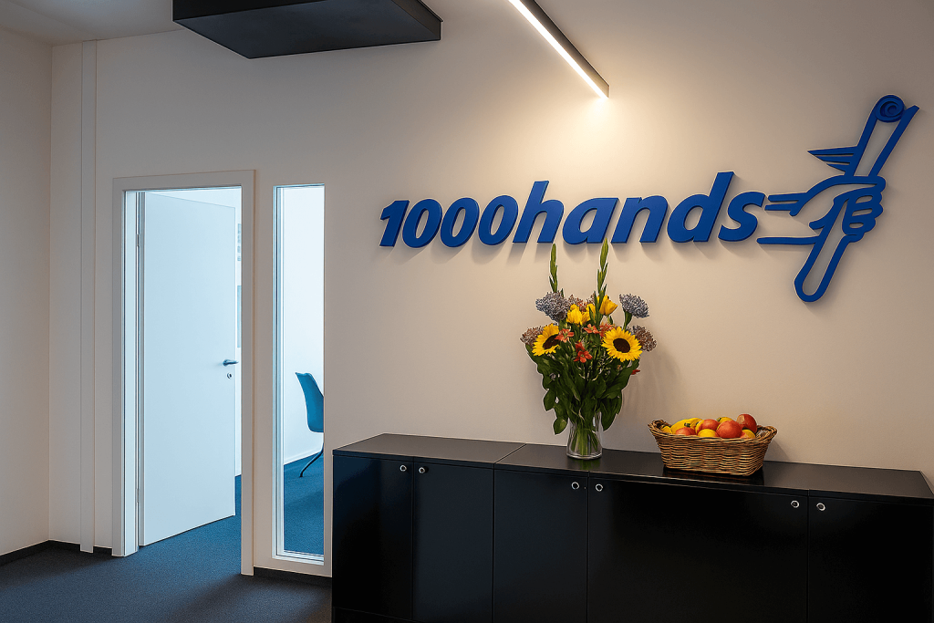 Aufnahme des Eingangsbereiches der 1000hands AG mit großzügigem 1000hands-Unternehmenslogo an der Wand.