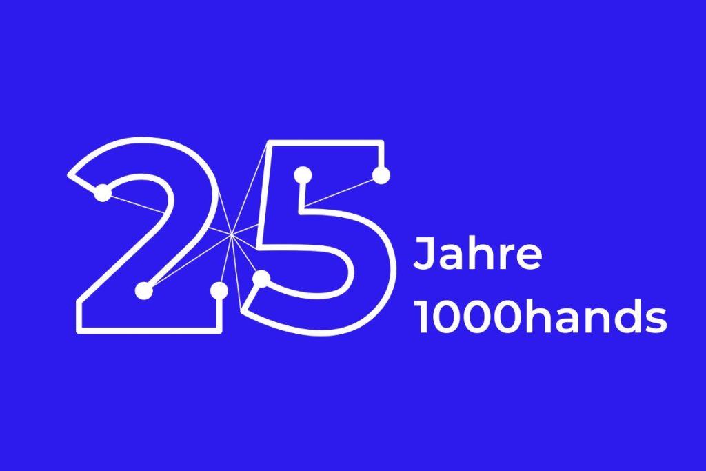 Blaue Jubiläumsgrafik 25 Jahre 1000hands für das 25 jährige Bestehen der Firma für Gebäudevermessung.