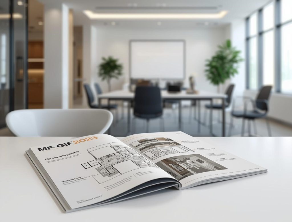 Offenes Architekturmagazin zum Thema MF-GIF 2023 auf einem Tisch in einem modernen, hellen Besprechungsraum.