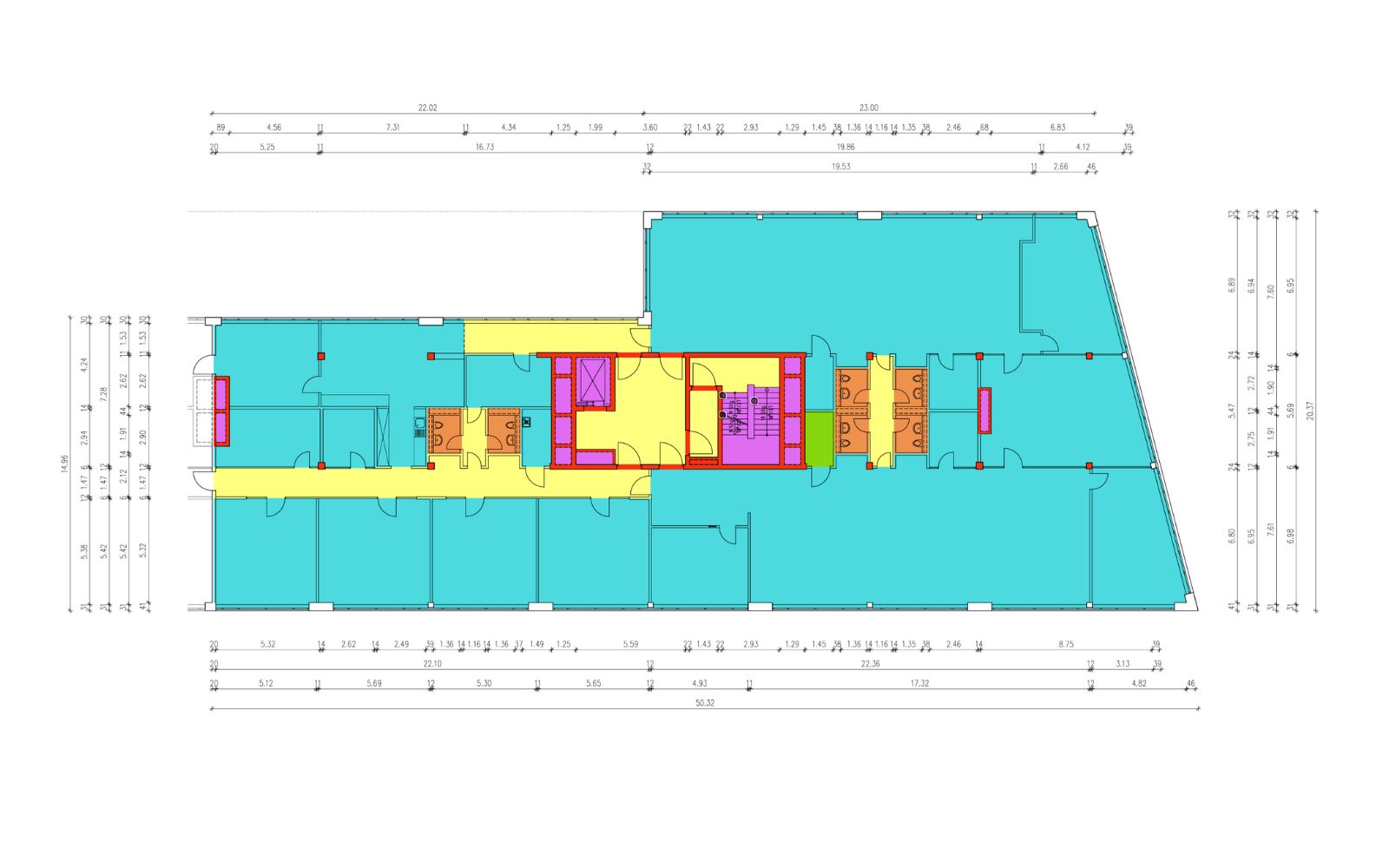 Farbiger Flächenplan nach IPMS der 2. Etage eines modernen Bürogebäudes mit Bemaßung und detaillierten Flächeninformationen, erstellt von der 1000hands AG.