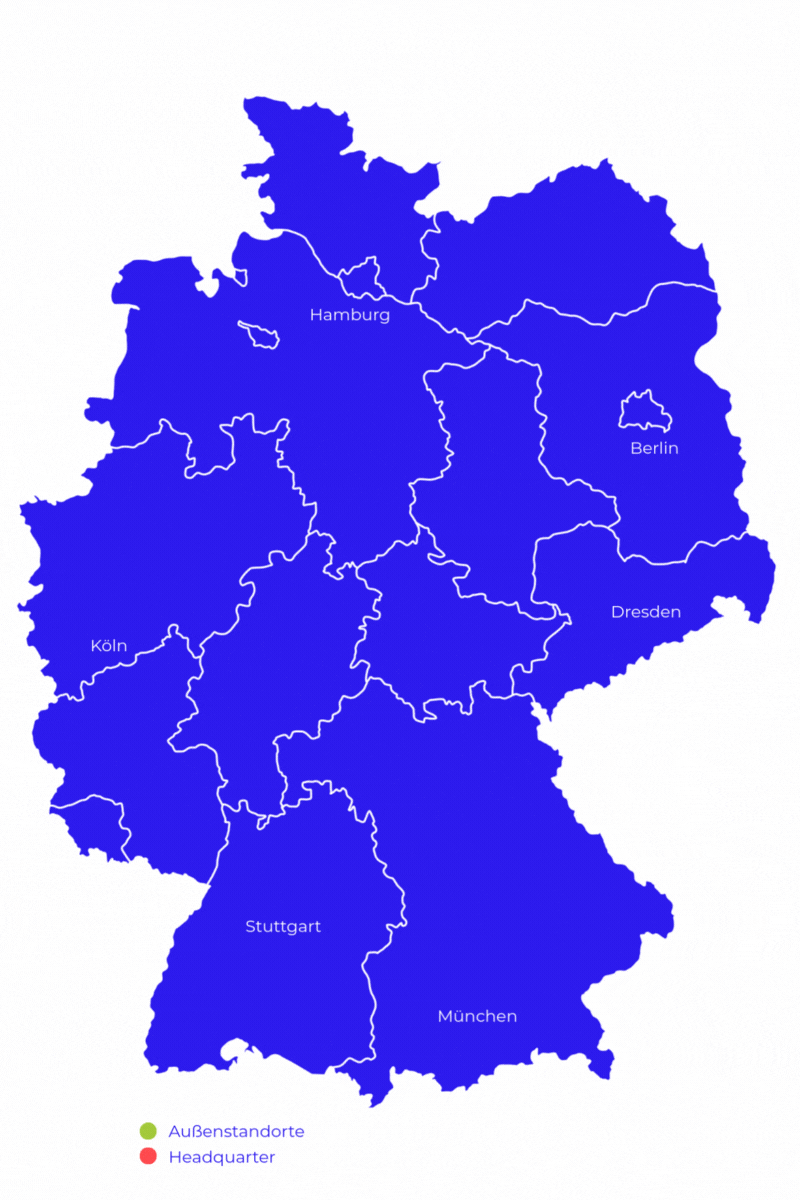 Übersichtskarte Deutschlands mit Bundesländergrenzen, veranschaulicht die sechs Außenstandorte der 1000hands AG einschließlich HQ in Berlin.