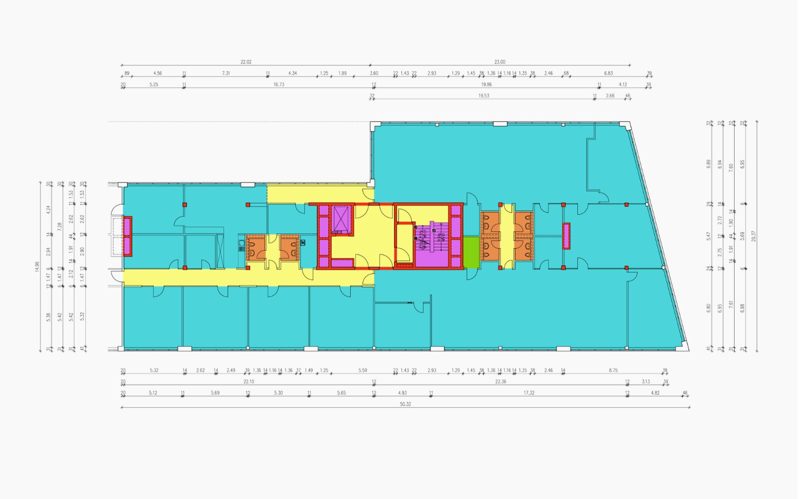 Farbiger Flächenplan nach IPMS der 2. Etage eines modernen Bürogebäudes mit Bemaßung und detaillierten Flächeninformationen, erstellt von der 1000hands AG.