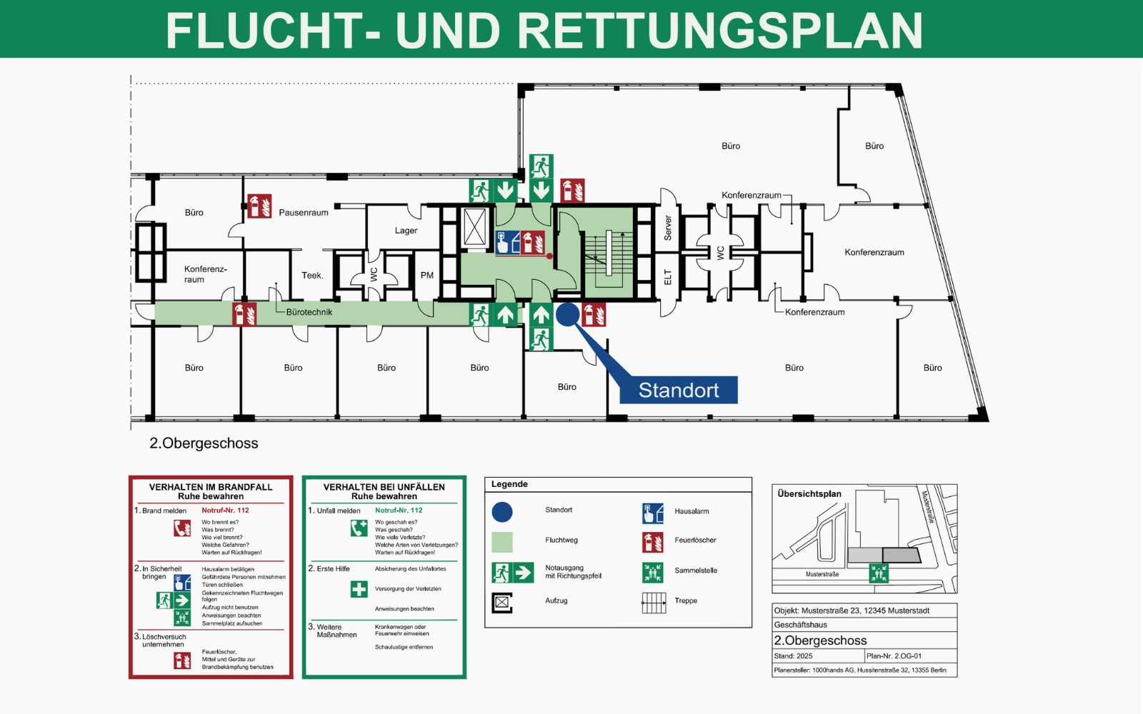 Flucht- und Rettungsplan eines Bürogebäudes mit Legende und Sicherheitshinweisen, erstellt von der 1000hands AG.