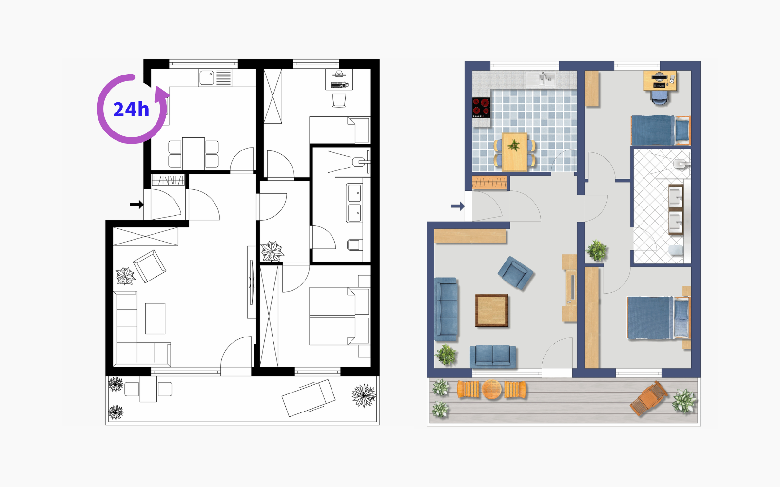 Detaillierter und möblierte Grundrisse mit 24h Express Service.